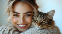 Young Caucasian woman with blonde hair and bright smile cuddling with Maine Coon cat in cozy knit sweater. Natural light portrait capturing bond between pet and owner.