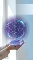 Hands holding glowing digital sphere with hexagonal network pattern in futuristic holographic display for technology and innovation concepts.