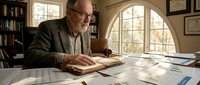 Senior man with glasses reading architectural blueprints and documents at desk in sunlit home office with bookshelves, suitable for education, business, and professional design projects.