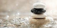 Balanced zen stones stacked in water with bubbles creating serene spa atmosphere for wellness and meditation practices.
