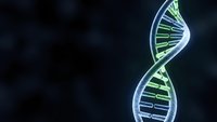 DNA double helix structure with glowing green and blue genetic code strands on dark background for medical research and biotechnology presentations.