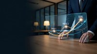 Professional businessman analyzing digital growth chart with phases leading to goal achievement in modern office environment for business strategy presentations.