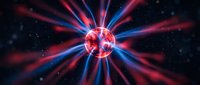 Energy sphere with radiating red and blue light rays bursting outward against dark space background. Suitable for science, technology, power, and abstract design projects.