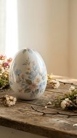Decorative ceramic egg with delicate floral pattern on rustic wooden surface surrounded by dried flowers in soft natural light for spring home decor.