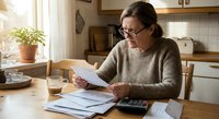 Middle-aged woman with glasses reviewing financial documents and bills at kitchen table with calculator, managing household budget and expenses.