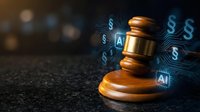 Wooden judge gavel with glowing AI and dollar symbols representing artificial intelligence in legal technology and digital law enforcement.