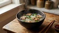 Asian noodle soup with mushrooms and green onions in black bowl on wooden cutting board with chopsticks in rustic kitchen setting for food photography.