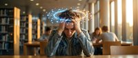 Young man experiencing mental overload with glowing brain visualization in modern library setting. Stress, burnout and cognitive pressure concept.
