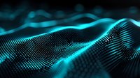 Glowing turquoise particle wave formation on dark background creates futuristic digital landscape with flowing dots and lines in abstract technology pattern.