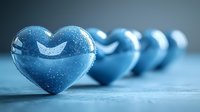 Blue glass hearts arranged in diminishing perspective on textured surface with soft bokeh effect and sparkles, creating romantic mood for valentines or love concept.