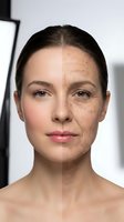 Split face comparison showing young and aged woman demonstrating skincare anti-aging treatment effects before and after transformation.