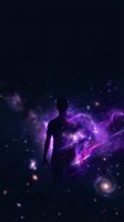 Silhouette of person surrounded by purple cosmic energy and stardust particles in deep space with glowing nebula effects for fantasy and sci-fi designs.