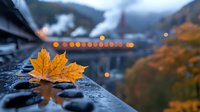 Yellow maple leaf on wet surface with blurred city lights bokeh in background creates atmospheric autumn mood. Reflection on dark rainy surface adds depth to fall scene.