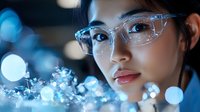 Young Asian female scientist wearing safety glasses examining glowing blue molecular structures in modern laboratory for research and development projects.