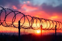 Barbed wire fence silhouette against dramatic orange and purple sunset sky, creating powerful contrast between security barrier and natural beauty. Perfect for security concepts.