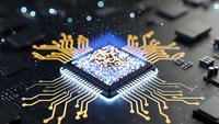 Advanced microprocessor chip with glowing circuits on dark circuit board. High-tech semiconductor technology for electronics and computing applications.