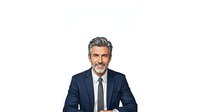 Mature male professional with gray hair and facial hair wearing navy business suit and tie, isolated on white background for corporate and business design applications.