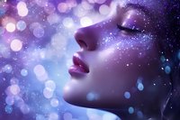 Dreamy female profile with glowing skin against cosmic background, sparkles and bokeh lights creating magical atmosphere in purple and blue tones. Closed eyes and parted lips.
