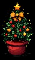 Decorated miniature Christmas tree in red pot with golden star topper, orange bow, and alternating red and gold ornaments against dark background. Isolated design.