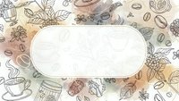 Coffee shop seamless pattern with hand drawn elements and blank oval frame for text. Vintage cafe background with beans, cups, pastries and botanical decorations.