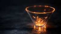 Glowing magical energy swirls inside transparent glass cone with sparkling light particles and golden rim against dark background, mystical atmosphere.