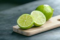 Fresh cut and whole lime fruits on wooden cutting board against dark stone background, close up view with soft natural lighting and selective focus.