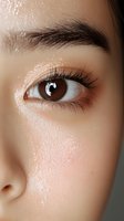 Close-up of brown eye with long eyelashes and defined eyebrow on glowing, dewy Asian skin showing natural makeup and highlighting effects for beauty and cosmetics.