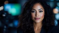 Young woman with curly dark hair and professional makeup against blurred city lights background, wearing black blazer for business portrait.