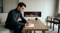 Focused businessman writing notes at wooden table in modern living room with fireplace, planning strategy and goals for success.