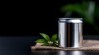 Minimalist composition of aluminum beverage can with fresh mint leaves on burlap textile against dark background, modern product photography style.