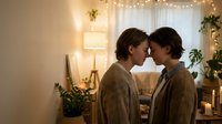Young lesbian couple sharing intimate moment in cozy living room with warm lighting and string lights creating romantic atmosphere for relationship content.