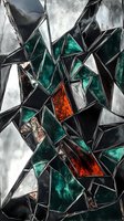Abstract geometric pattern with angular shapes in emerald green, fiery orange, and metallic silver creating dynamic composition against dark background.
