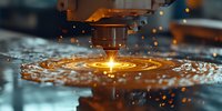Industrial laser cutting machine creating precise metal cuts with molten material and sparks flying during manufacturing process.