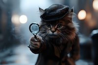 Funny cat detective in black beret holding magnifying glass against blurred bokeh background, dressed in vintage style coat for pet photography and greeting cards.