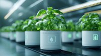 Fresh basil plants growing in modern hydroponic system with white smart pots on automated shelf in vertical farm facility. Green leaves in controlled environment.