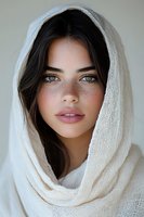 Young woman with freckles and bright eyes wearing white knitted shawl wrapped around head and shoulders, looking directly at camera with natural makeup and serene expression.