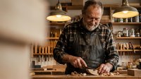 Senior Caucasian craftsman woodworker in apron using chisel on wood piece in traditional workshop with tools and warm lighting for artisan projects.