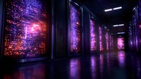 Futuristic server room with glowing purple and red light effects reflecting on floor, network racks illuminated with digital patterns creating modern datacenter atmosphere.