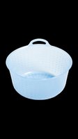 Light blue plastic colander with perforated holes and dual handles, isolated on transparent background. Ready for kitchen product design, e-commerce, print-on-demand, and sublimation projects.