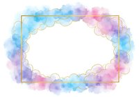 Watercolor frame with pastel blue pink purple clouds and gold border on white background isolated for wedding invitations greeting cards design.
