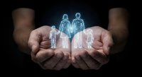 Hands holding glowing holographic family figures representing life insurance protection and financial security for loved ones in digital healthcare concept.