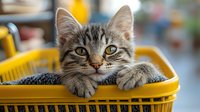 Adorable gray tabby kitten with bright eyes resting in yellow plastic basket, paws hanging over edge. Close up portrait against soft blurred background.