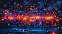 Futuristic digital network with glowing chemical formulas and molecular structures floating over reflective surface, perfect for science and technology presentations.