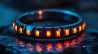 Glowing futuristic bracelet with orange LED lights on dark textured surface creating reflections. Sci-fi fashion accessory against blue background.