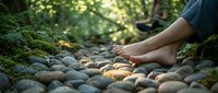 Bare feet resting on smooth river stones in a lush green forest, evoking relaxation, grounding, and connection with nature outdoors.