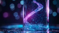 Magical glowing spiral of sparkling particles in glass container against dark background with bokeh lights creates mystical atmosphere for fantasy designs.