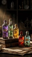 Vintage apothecary bottles with colorful potions and herbs on old books in mystical laboratory setting with warm atmospheric lighting.