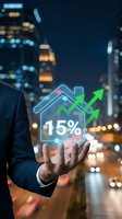 Businessman holding holographic house icon with 15% growth arrows over blurred city lights background showing real estate market increase and investment success.