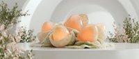 Fresh physalis fruits with papery husks on a white pedestal, surrounded by soft green foliage in a bright, airy studio setting.