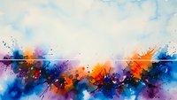 Abstract watercolor explosion with vibrant blue orange purple paint splashes on white background for creative design projects.